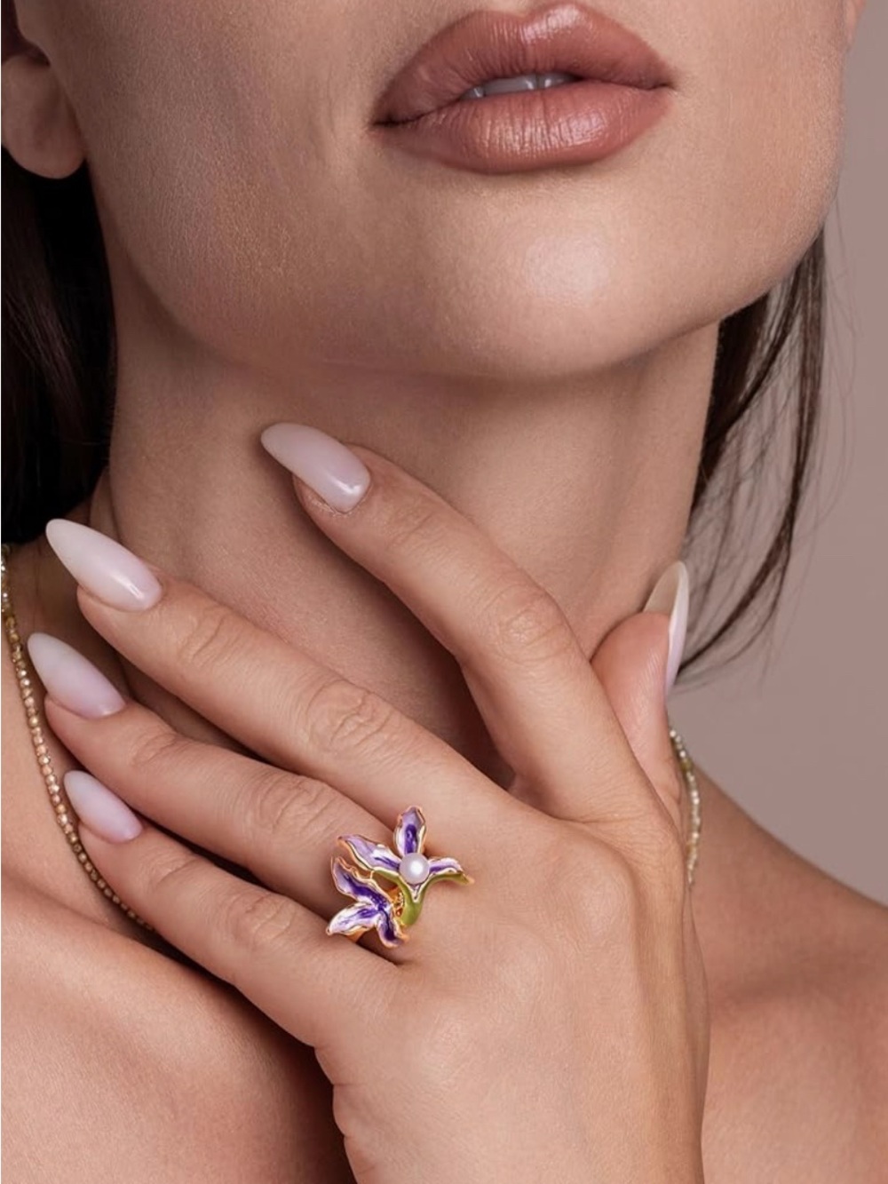 Gold Tone Purple Orchid Floral Ring with Pearl Accent